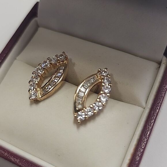 Sterling Silver Earrings With Gold Tone Overlay Cubic Zirconia - Picture 2 of 5